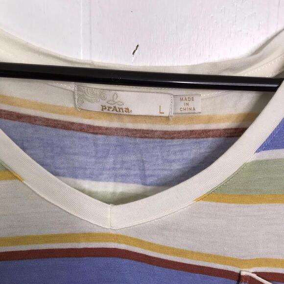 Prana Top Womens Large Colorful Striped Foundation Short Sleeve V Neck Tencel - Picture 5 of 8